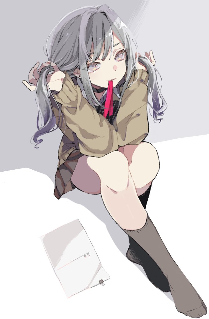 1girl ayashiro_nanano bangs binder_clip bow bowtie brown_sweater bunching_hair choker grey_eyes grey_hair grey_legwear kneehighs long_hair long_sleeves looking_at_viewer miniskirt mouth_hold na_ta53 paper pleated_skirt project_cold red_ribbon ribbon school_uniform shadow shirt sitting skirt solo striped striped_bow sweater twintails twintails_day white_shirt