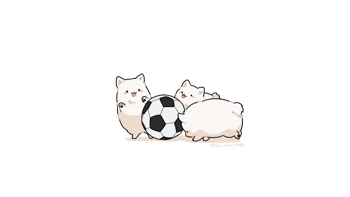 :3 animal animal_focus arms_up artist_name ball black_eyes blush_stickers dog fluffy fuwa_fuwa_dog no_humans open_mouth original shadow simple_background soccer_ball solid_circle_eyes tongue tongue_out twitter_username white_background x_anus