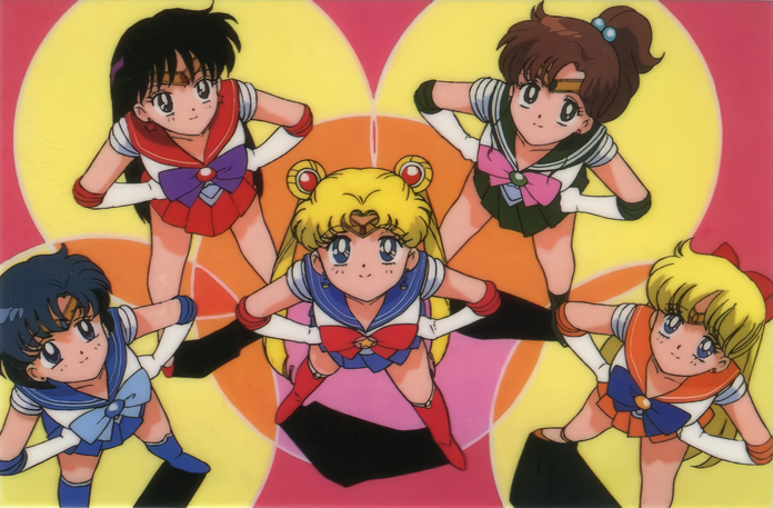 1990s_(style) 5girls aino_minako bangs bishoujo_senshi_sailor_moon black_eyes black_hair blonde_hair blue_eyes blue_hair boots brown_hair double_bun elbow_gloves gloves green_eyes hair_bobbles hair_ornament hands_on_hips high_ponytail hino_rei inner_senshi kino_makoto knee_boots leotard long_hair looking_at_viewer miniskirt mizuno_ami multiple_girls official_art pleated_skirt retro_artstyle sailor_jupiter sailor_mars sailor_mercury sailor_moon sailor_senshi sailor_senshi_uniform sailor_venus short_hair skirt smile standing strappy_heels tiara tsukino_usagi twintails