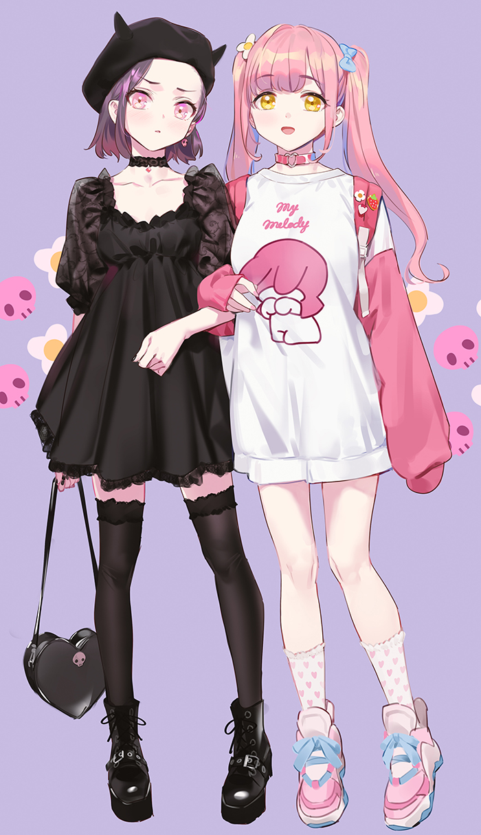 2girls :d backpack bag bangs black_bag black_dress black_footwear black_headwear black_legwear blush boots bow breasts character_request check_character choker collarbone commentary_request dress eyebrows_visible_through_hair fake_horns flower full_body hair_bow hair_flower hair_ornament hat heart heart-shaped_bag heart_print highres holding holding_bag horns knee_boots kneehighs kuromi locked_arms long_hair long_sleeves looking_at_viewer multiple_girls my_melody o-ring o-ring_choker onegai_my_melody open_mouth original pale_skin pink_choker pink_hair raglan_sleeves shiny shiny_hair shoes sleeves_past_wrists small_breasts smile standing striped striped_legwear thighhighs twintails white_legwear yd_(orange_maru) yellow_eyes zettai_ryouiki