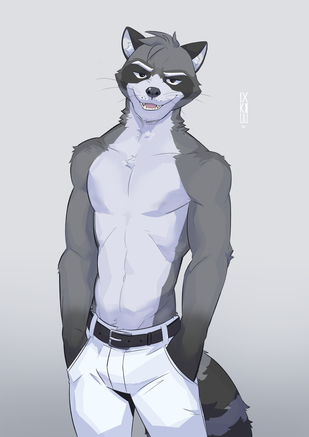 2021 anthro belt bottomwear clothed clothing digital_media_(artwork) fur hi_res ixkouu male mammal procyonid raccoon signature simple_background solo topless topless_male