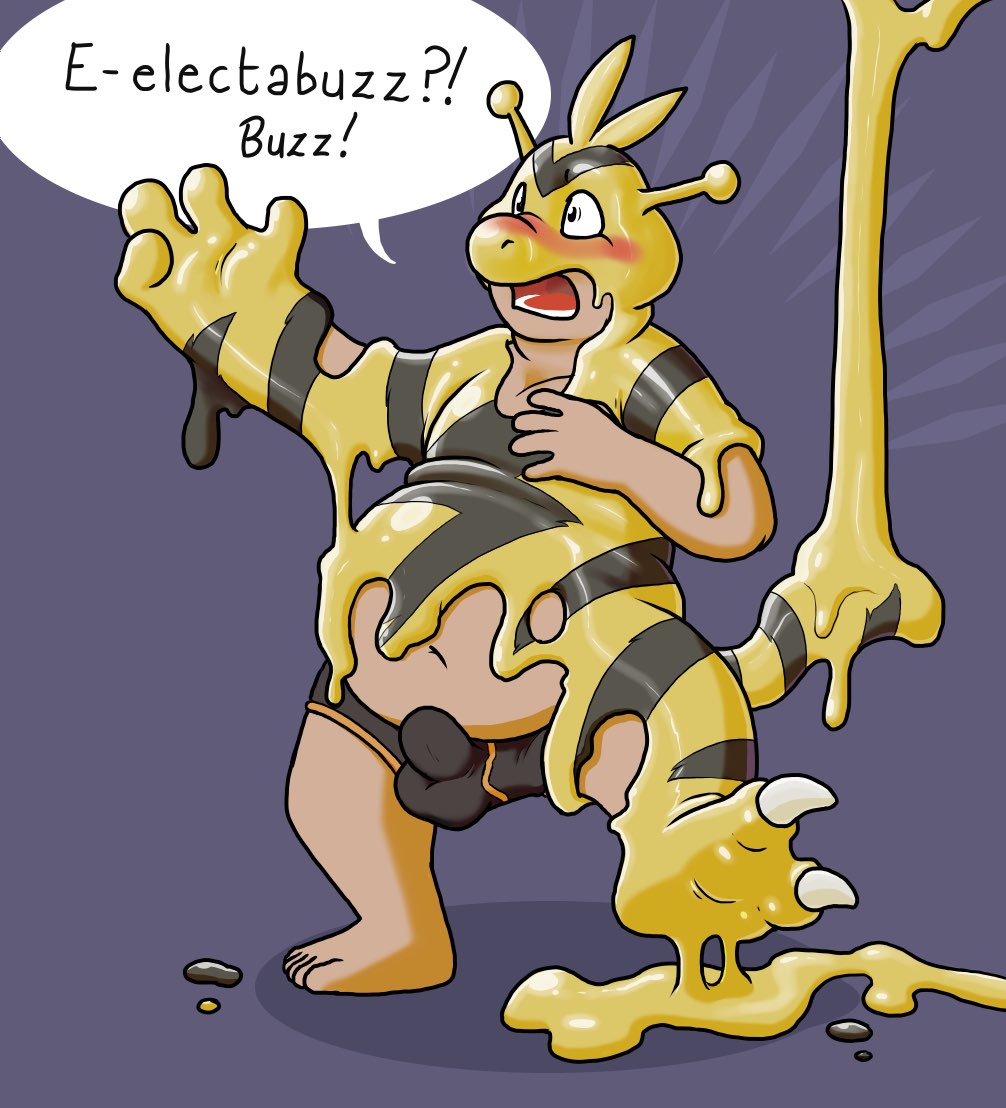 2_toes 4_fingers 5_toes anthro belly big_belly biped black_body black_tail blueballs blush bulge claws clothed clothing dialogue digital_drawing_(artwork) digital_media_(artwork) electabuzz erection erection_under_clothing feet fingers glistening goo_transformation human human_to_anthro latex_transformation liquid_latex male mammal markings multicolored_tail nintendo open_mouth overweight overweight_male pok&eacute;mon pok&eacute;mon_(species) rubber simple_background solo species_transformation speech_bubble striped_tail stripes text toe_claws toes toony topless transformation two_tone_tail underwear video_games yellow_body yellow_tail
