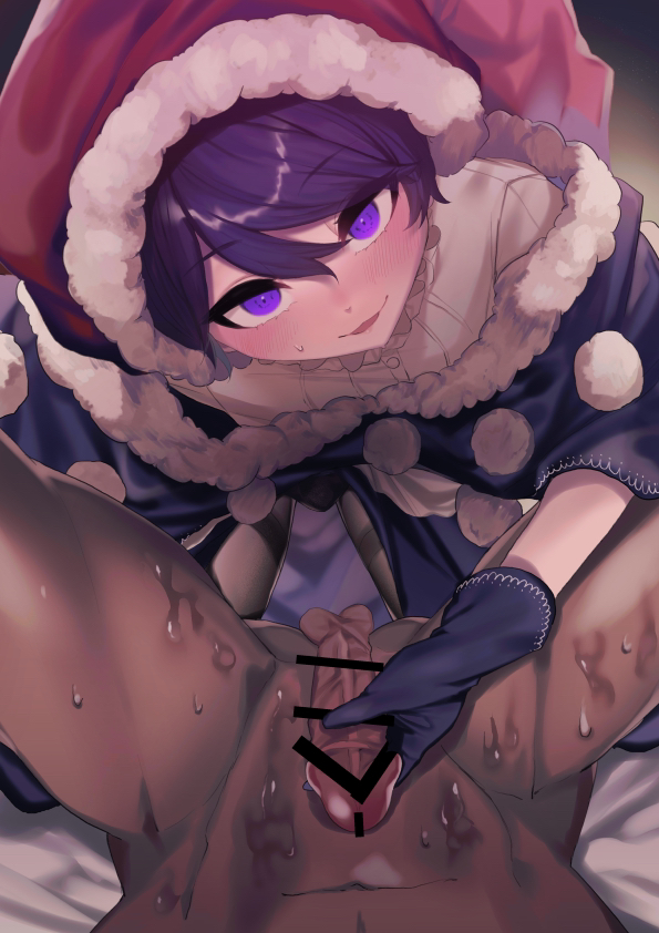 1boy 1girl bangs bar_censor black_legwear blue_capelet blue_eyes blue_gloves blue_hair blush capelet censored commentary_request commission doremy_sweet eyebrows_visible_through_hair fur_trim glovejob gloves gradient gradient_background grey_background hair_between_eyes handjob hat hetero ishikawa_sparerib looking_at_viewer lower_body nightcap pantyhose parted_lips penis pom_pom_(clothes) pov red_headwear shirt short_hair simple_background skeb_commission smile sweat swept_bangs testicles touhou white_shirt