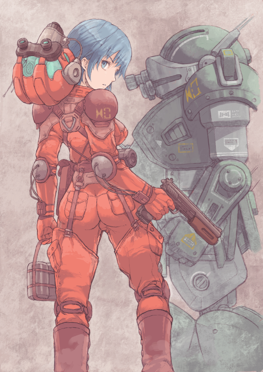 1girl ass bangs blue_eyes blue_hair bodysuit chirico_cuvie from_behind genderswap genderswap_(mtf) gun hair_behind_ear handgun headwear_removed helmet helmet_removed highres holding holding_gun holding_weapon looking_back looking_down mecha pilot_suit pistol pota_(nabrinko) science_fiction scopedog soukou_kihei_votoms v-shaped_eyebrows weapon