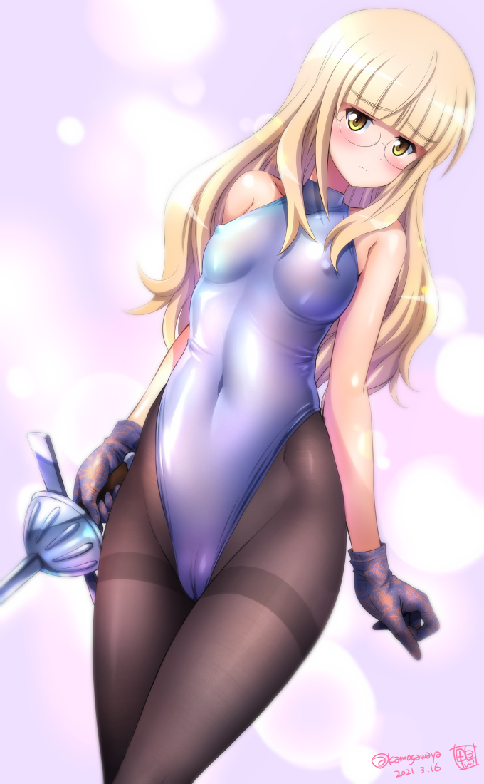 1girl bangs black_legwear blonde_hair blunt_bangs blush breasts covered_nipples glasses gloves kamogawa_tanuki leotard long_hair looking_at_viewer pantyhose perrine_h_clostermann rapier shiny shiny_clothes shiny_hair shiny_skin skin_tight small_breasts solo standing strike_witches sword thighband_pantyhose weapon white_leotard world_witches_series yellow_eyes