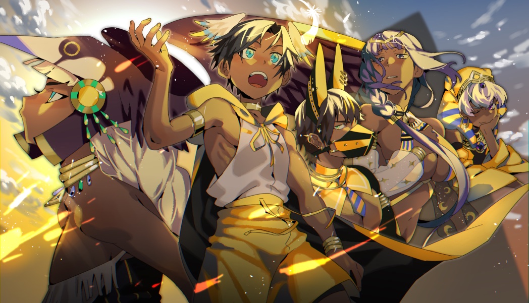 2boys 3girls anubis_(chaos_academy) bennu_(chaos_academy) black_hair blue_eyes braid breasts chaos_academy choker circlet cleavage cloud cloudy_sky dark_skin dark_skinned_female dark_skinned_male earrings gem green_eyes halterneck head_wings hood hoodie jewelry long_hair looking_up mask mouth_mask multiple_boys multiple_girls necklace nemes nut_(chaos_academy) open_mouth parted_lips purple_hair ra_(chaos_academy) short_hair shorts single_braid sky sleeveless sleeveless_hoodie sphinx_(chaos_academy) st05254 striped striped_neckwear sunset very_dark_skin white_hair yellow_shorts