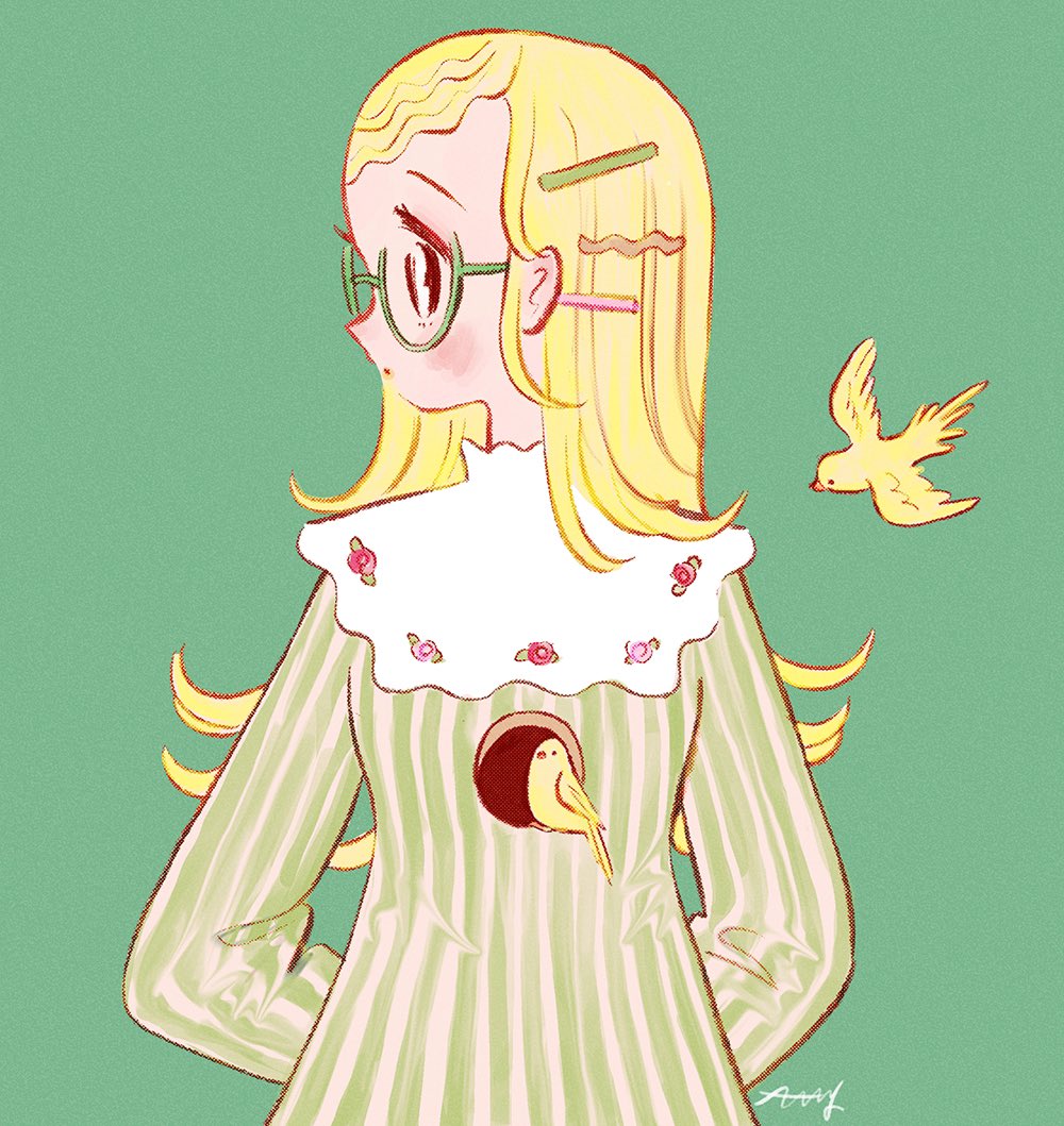 1girl animal arms_behind_back bird black_eyes blonde_hair blush comcomblue commentary curly_hair dress english_commentary expressionless floral_print glasses green-framed_eyewear green_background green_dress hair_ornament hairclip high_collar hole hole_in_chest hole_on_body long_hair long_sleeves original parted_lips profile semi-rimless_eyewear signature simple_background solo straight_hair striped striped_dress surreal tareme under-rim_eyewear upper_body vertical-striped_dress vertical_stripes