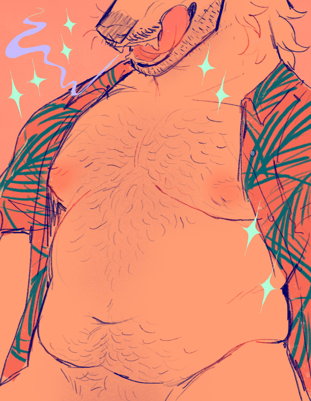 anthro belly black_nose body_hair canid canine canis chest_hair clothing coyote desertmotels dress_shirt exposed_chest facial_hair fangs hairy half_naked hi_res licking licking_lips male mammal musclegut nipples pubes shirt slightly_chubby solo sparkles tex_(desertmotels) tongue tongue_out topwear