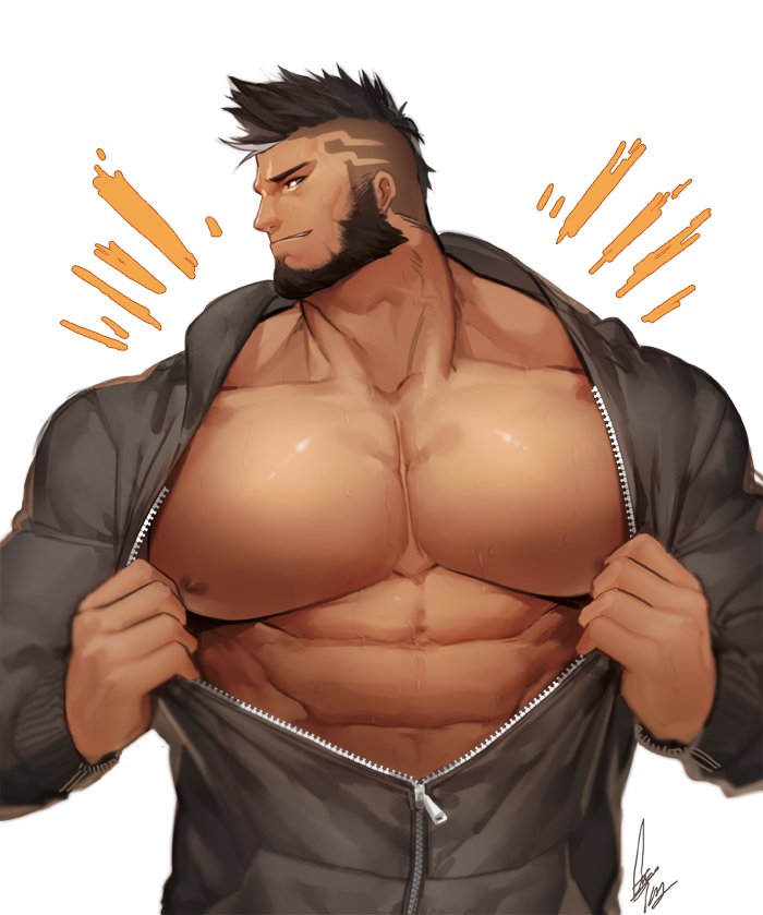 1boy abs alternate_costume bandaid bandaid_on_cheek bara bare_pecs beard black_hair bursting_pecs casual cyphers damian_doyle_(cyphers) dark_skin dark_skinned_male facial_hair gomtang grey_jacket hood hooded_jacket jacket large_pectorals looking_at_viewer male_focus mature_male mohawk muscular muscular_male nipples open_clothes open_jacket partially_unzipped pectoral_focus pectorals profile short_hair smile solo track_jacket upper_body