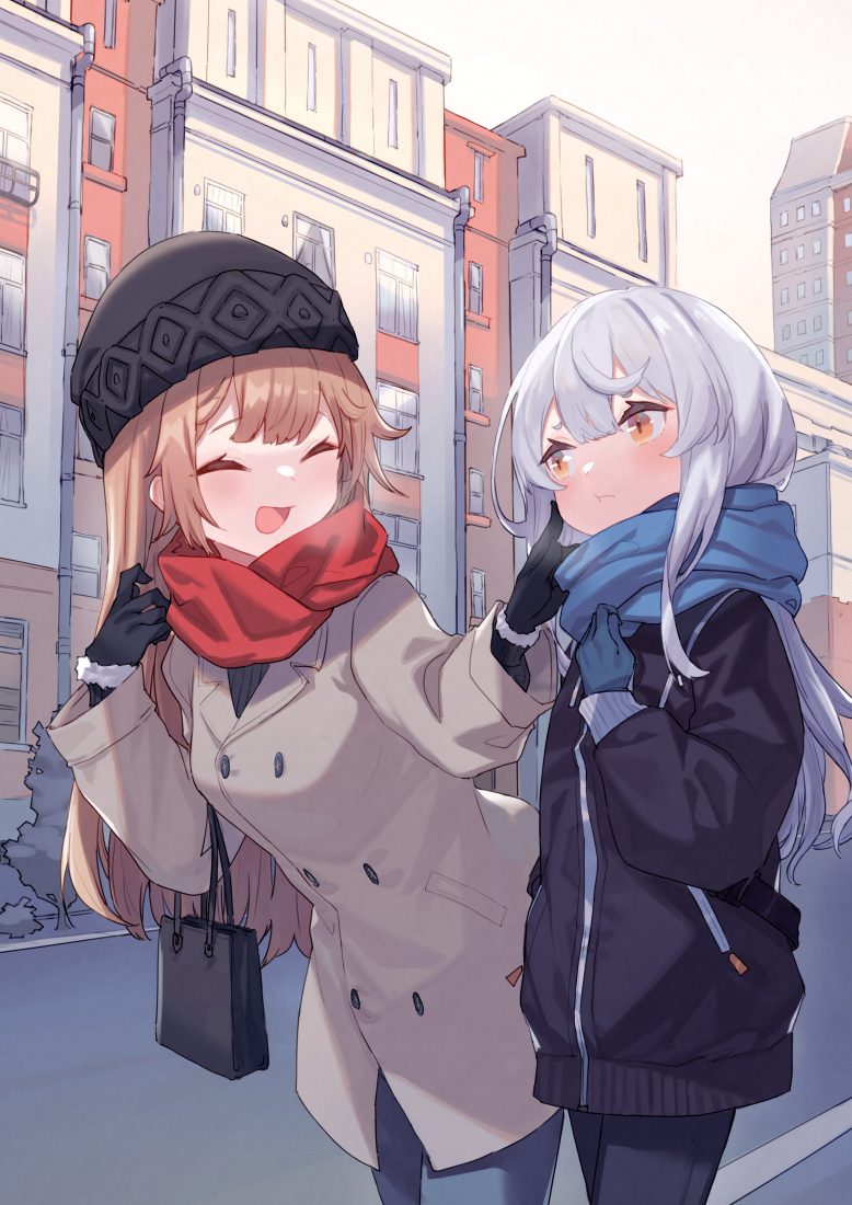 1girl :d :t ^_^ bag bangs beanie black_gloves black_headwear black_jacket blue_gloves blue_pants blue_scarf blush breasts brown_coat brown_eyes brown_hair building closed_eyes closed_mouth coat commentary_request day facing_another finger_to_another's_cheek fur-trimmed_gloves fur_trim gloves hair_between_eyes hat jacket long_hair long_sleeves looking_at_another medium_breasts open_mouth original outdoors pants peroncho pout scarf short_eyebrows silver_hair smile solo thick_eyebrows very_long_hair