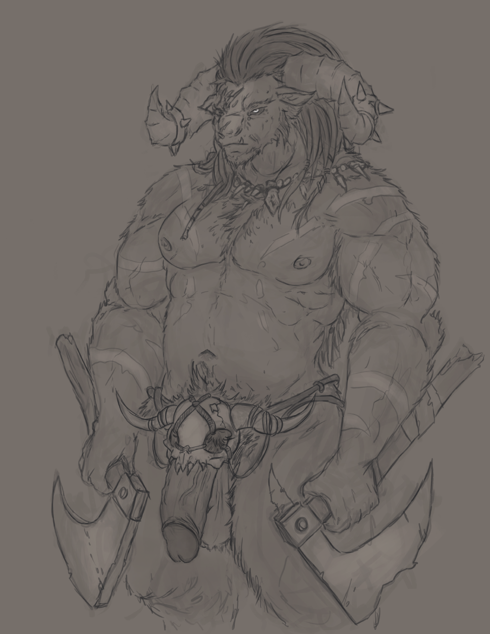 anthro axe balls beastmen belt bone clothed clothing dual_wielding facial_scar fangs flaccid fur genitals gor_(beastmen) hair hi_res holding_object holding_weapon horn horn_ring humanoid_genitalia humanoid_penis izrez jewelry male melee_weapon muscular muscular_male navel necklace nipples partially_clothed penis pubes scar skull solo standing urethra vein veiny_penis warhammer_(franchise) warhammer_fantasy weapon