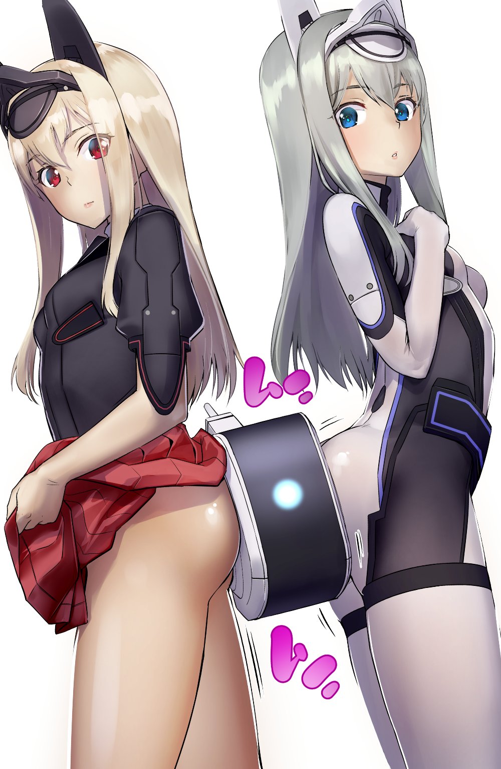 2girls alice_gear_aegis ass blonde_hair blue_eyes bodysuit butt_crush closed_mouth darius darius_burst floating floating_object hand_on_own_chest highres ia_rehtona multiple_girls open_mouth red_eyes red_skirt sasayuki silver_hair skirt ti2 white_background