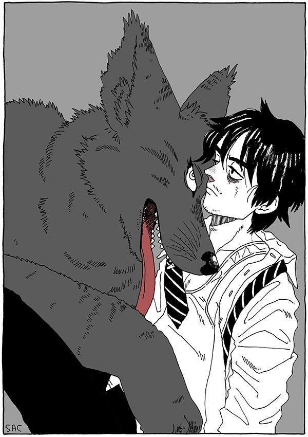 ambiguous_gender canid canine clothed clothing duo feral human kaneoya_sachiko long_tongue male mammal monochrome necktie sharp_teeth teeth tongue