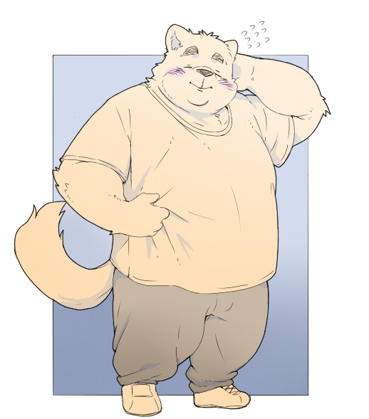 2021 anthro blush bottomwear canid canine canis clothing domestic_dog eyes_closed humanoid_hands inunoshippo kemono male mammal overweight overweight_male pants shirt solo topwear