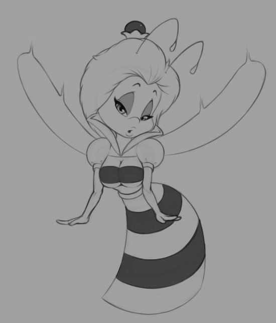2017 antennae_(anatomy) anthro arthropod bee black_eyes breasts chip_'n_dale_rescue_rangers cleavage clothed clothing crown disney dress eyebrows eyelashes female grey_background hair half-closed_eyes hymenopteran insect narrowed_eyes open_mouth pimpartist queenie simple_background solo striped_body stripes traditional_media_(artwork) wings