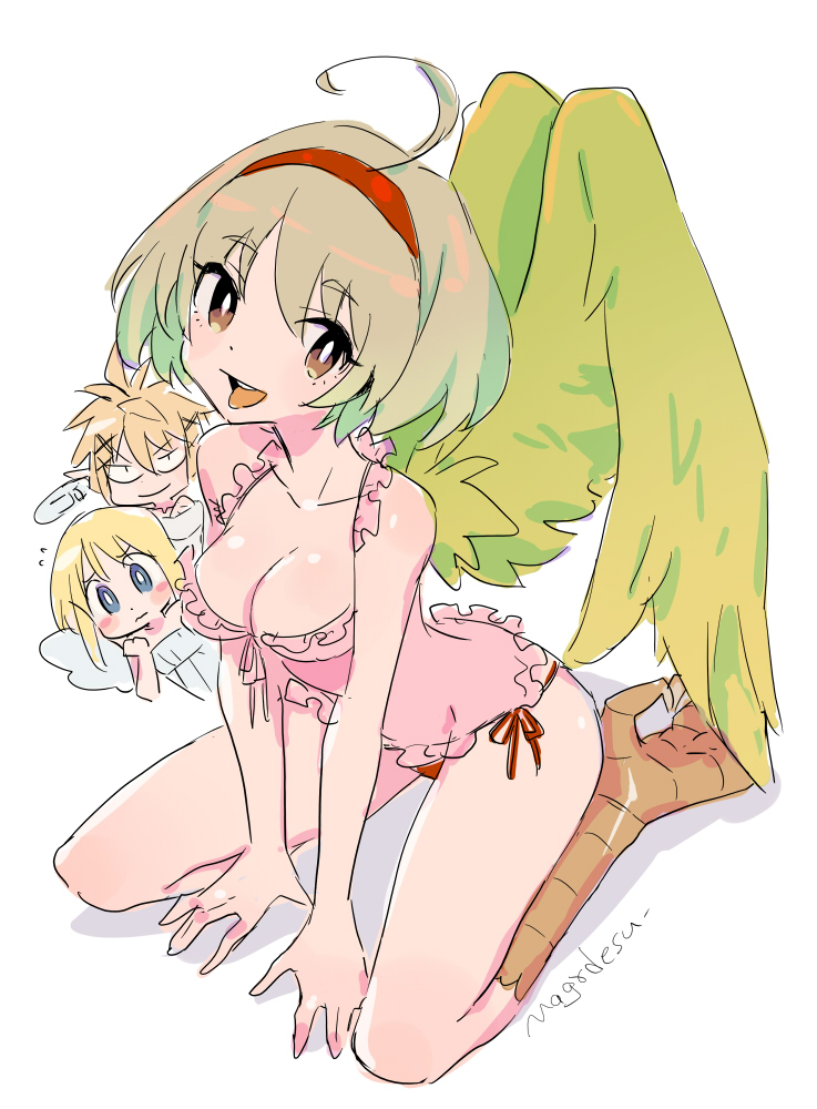 1boy 1girl 1other :d ahoge angel arm_support bare_arms bird_legs blonde_hair blue_eyes blush_stickers breasts broken_halo cleavage closed_mouth crimvael doodle eldri feathered_wings hairband halo harpy ishuzoku_reviewers lingerie looking_at_viewer mago monster_girl open_mouth red_hairband simple_background sitting sketch smile solo_focus tongue tongue_out underwear wavy_mouth white_background wings zel_(ishuzoku_reviewers)
