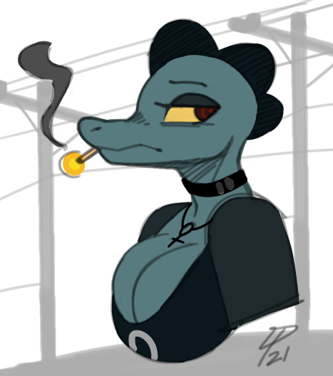 anthro bea_santello breasts choker cigarette cleavage clothed clothing crocodile crocodilian crocodylid dpronin female infinite_fall jewelry necklace night_in_the_woods outside reptile scalie signature smoking solo utility_pole video_games
