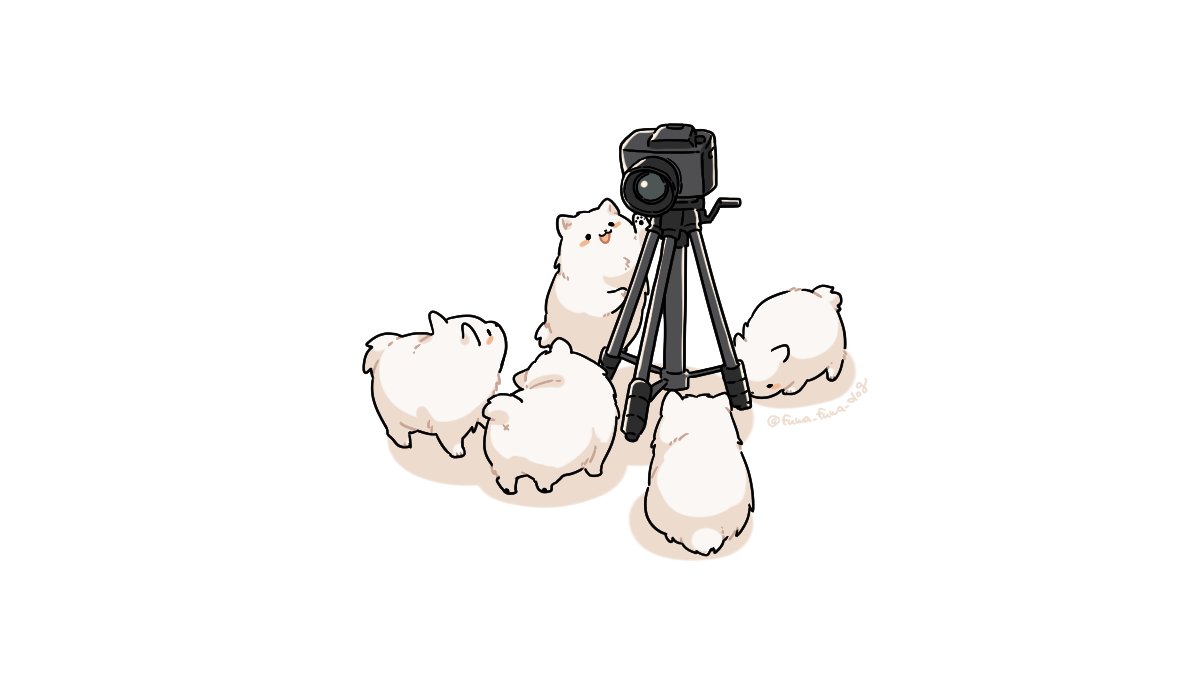 :3 animal animal_focus arm_up artist_name black_eyes blush_stickers camera dog facing_away fluffy fuwa_fuwa_dog head_tilt looking_up no_humans open_mouth original paw_up shadow simple_background sitting smelling solid_circle_eyes standing tripod twitter_username white_background x_anus