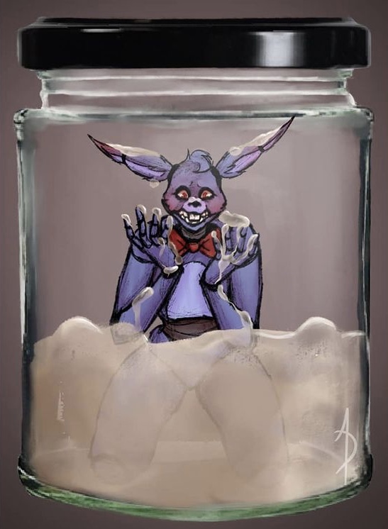 2020 ambiguous_gender animatronic anthro blush bodily_fluids bonnie_(fnaf) bow_tie buckteeth cum cum_everywhere cum_jar cursed_image digital_media_(artwork) five_nights_at_freddy's fuxzbear genital_fluids head_tuft humor jar kneeling lagomorph leporid long_ears looking_down machine mammal meme messy questionable_consent rabbit raised_arm red_eyes robot solo teeth tuft video_games what what_has_science_done where_is_your_god_now why