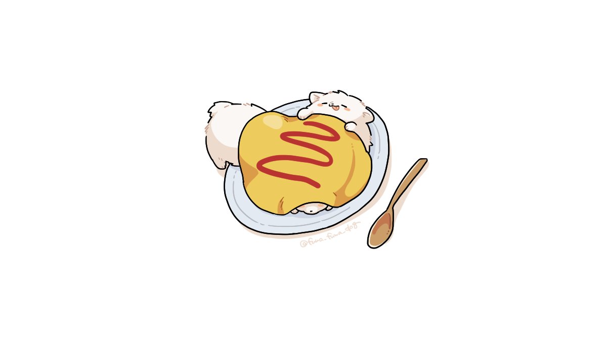 :3 =_= animal animal_focus artist_name blush_stickers closed_mouth dog fluffy food fuwa_fuwa_dog in_food ketchup lying no_humans omelet on_back original plate simple_background spoon standing tongue tongue_out twitter_username white_background