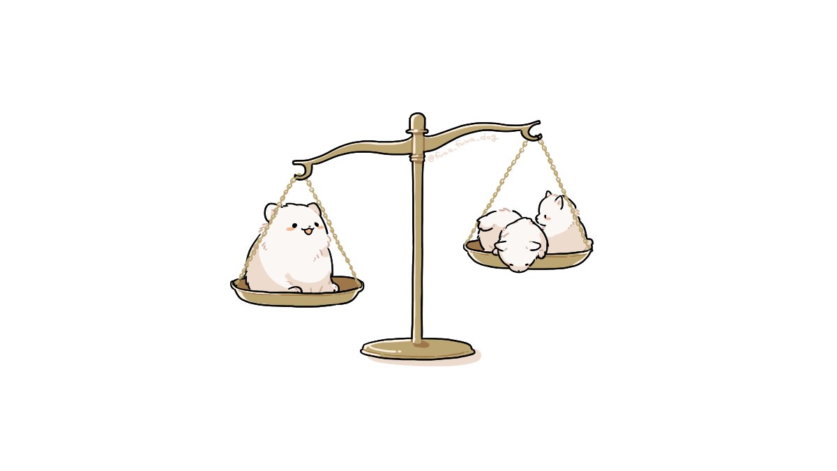 :3 animal animal_focus artist_name balance_scale black_eyes blush_stickers dog fluffy fuwa_fuwa_dog no_humans open_mouth original puppy simple_background sitting solid_circle_eyes twitter_username weighing_scale white_background