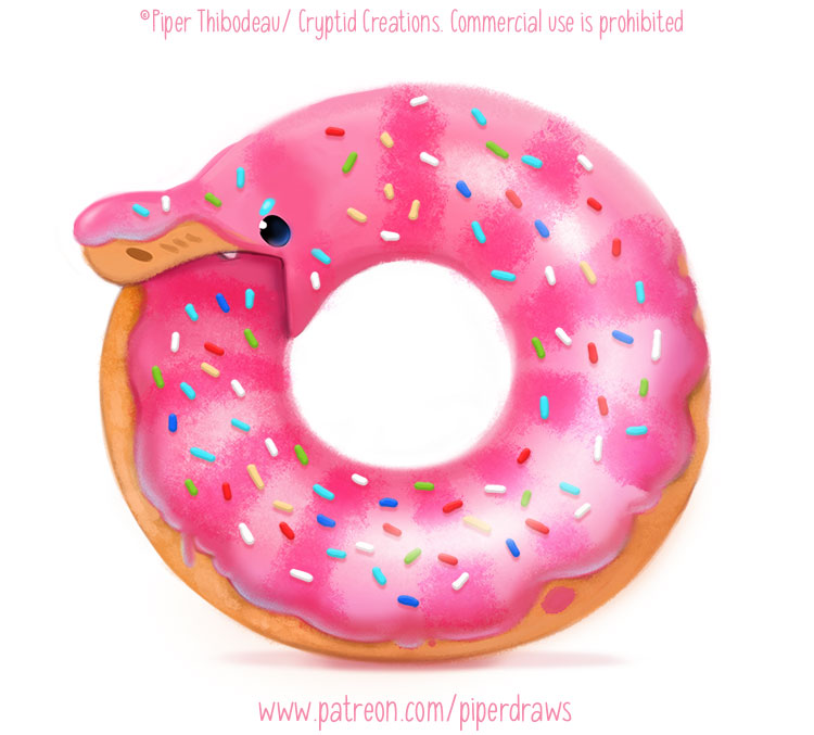 2021 ambiguous_gender beady_eyes blue_eyes cryptid-creations dessert doughnut feral food food_creature frosting ouroboros pink_body reptile scalie simple_background snake solo sprinkles tail_in_mouth tan_body text url white_background