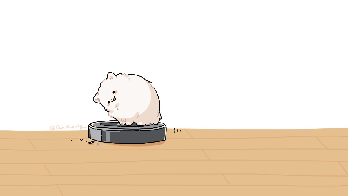:3 animal animal_focus artist_name black_eyes blush_stickers dog dust floor fluffy fuwa_fuwa_dog looking_down motion_lines no_humans open_mouth original riding roomba simple_background sitting solid_circle_eyes solo twitter_username vacuum_cleaner white_background wooden_floor