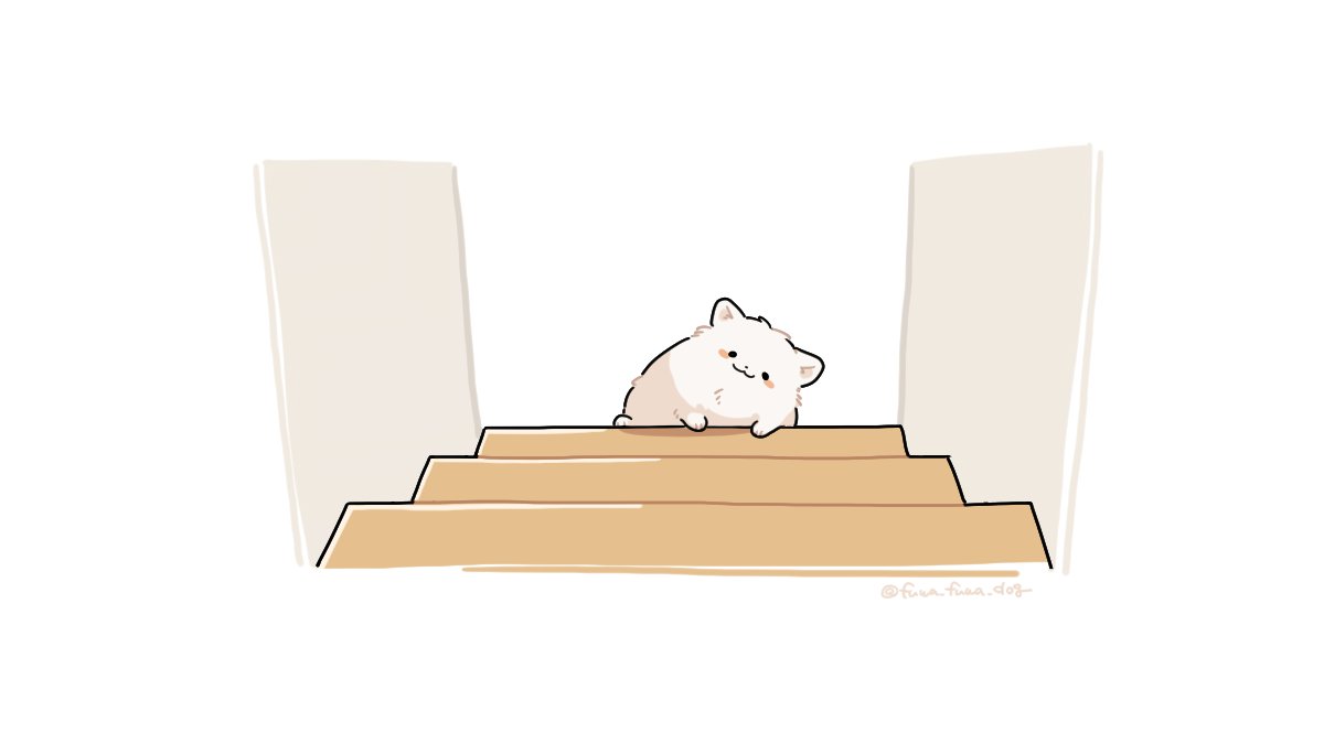 :3 animal animal_focus artist_name black_eyes blush_stickers climbing closed_mouth dog fluffy fuwa_fuwa_dog no_humans original simple_background solid_circle_eyes solo stairs twitter_username white_background