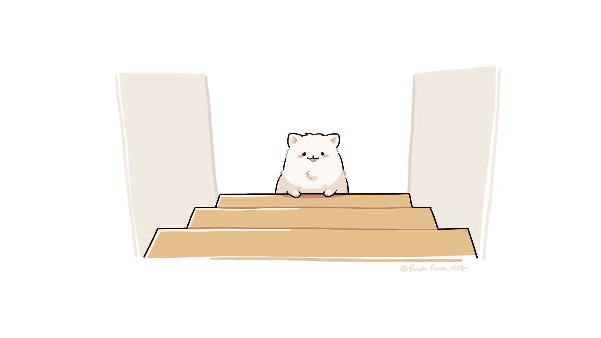 :3 animal animal_focus artist_name black_eyes blush_stickers dog fluffy fuwa_fuwa_dog looking_at_viewer no_humans open_mouth original simple_background sitting solid_circle_eyes solo stairs twitter_username white_background