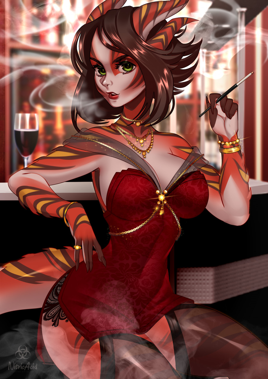 2021 5_fingers anthro bar breasts clothed clothing digital_media_(artwork) eyebrows eyelashes female fingers green_eyes hi_res horn looking_at_viewer nitricacid solo stting