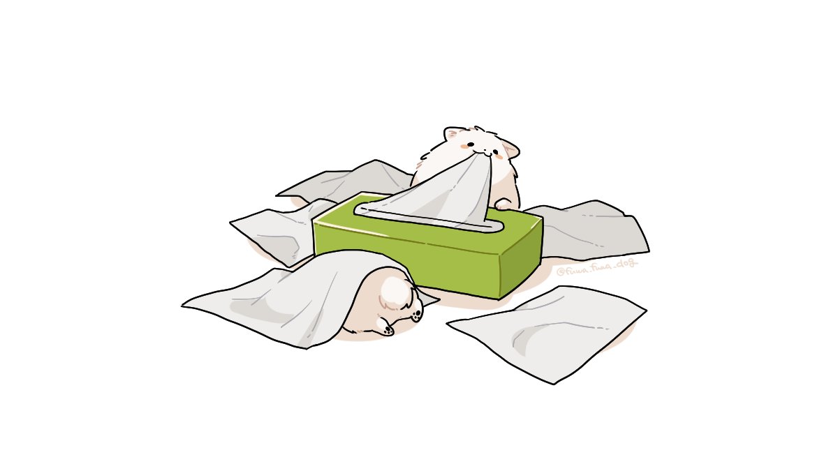 :3 animal animal_focus artist_name black_eyes blush_stickers closed_mouth dog fluffy fuwa_fuwa_dog lying mouth_hold no_humans on_stomach original shadow simple_background solid_circle_eyes sploot tissue tissue_box twitter_username white_background