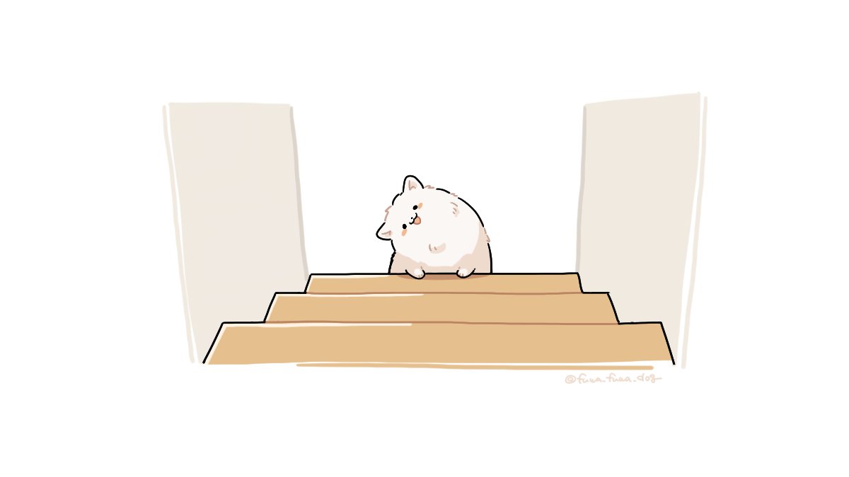 :3 animal animal_focus artist_name black_eyes blush_stickers dog failure fluffy fuwa_fuwa_dog head_tilt looking_at_viewer no_humans open_mouth original simple_background solid_circle_eyes solo stairs twitter_username white_background