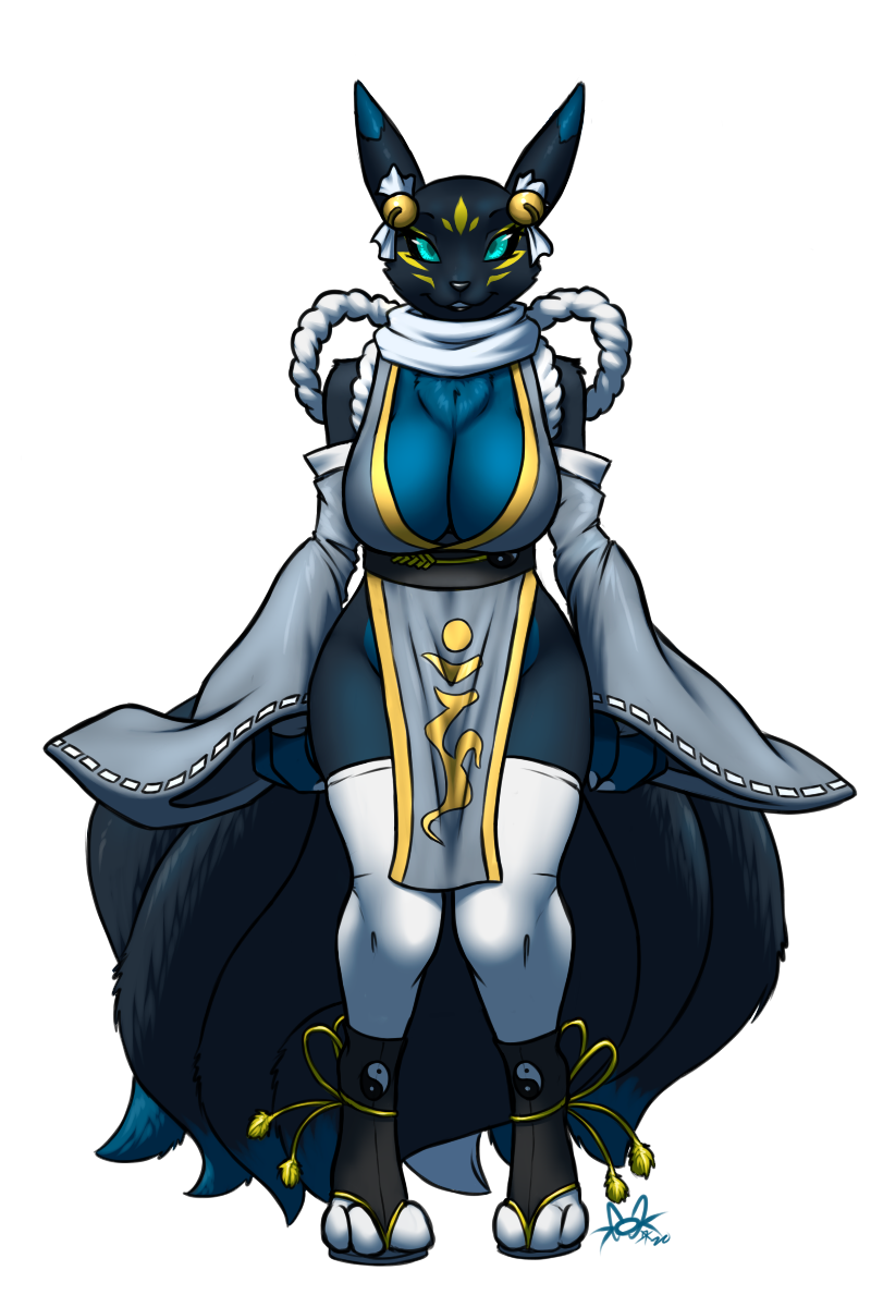 2:3 3_fingers 3_toes alpha_channel anthro bedroom_eyes bell big_breasts black_body black_fur black_sclera blue_body blue_eyes breasts canid canine canis chest_tuft claws cleavage cleavage_overflow clothed clothing curvaceous curvy_figure digimon digimon_(species) digital_media_(artwork) fak&eacute;mon feet female finger_claws fingers fox fur furball_(artist) hi_res hybrid looking_at_viewer mammal markings multi_tail multicolored_body multicolored_fur narrowed_eyes renamon seductive simple_background smile solo srymaimon thick_thighs thigh_blush thigh_stockings toes transparent_background tuft voluptuous vulpamon wide_hips yin_yang