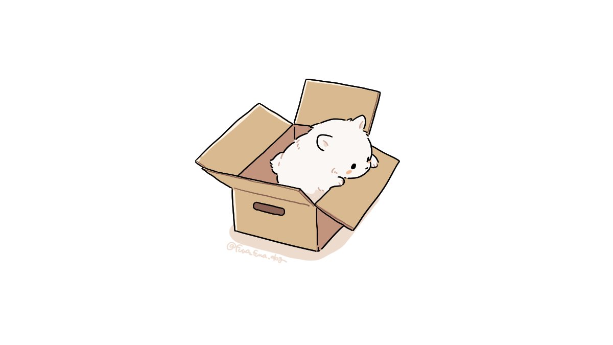 animal animal_focus artist_name black_eyes blush_stickers box cardboard_box dog fluffy from_above fuwa_fuwa_dog in_box in_container no_humans original shadow simple_background solid_circle_eyes solo twitter_username white_background