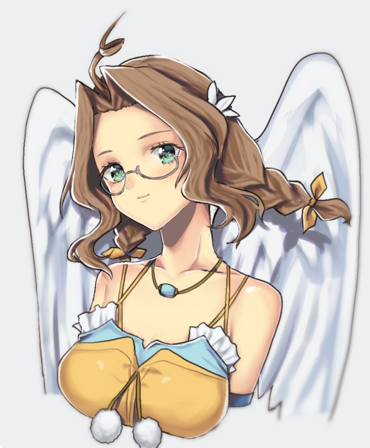 1girl breasts brown_hair closed_mouth glasses green_eyes jewelry long_hair looking_at_viewer murata_tefu necklace sarah_jerand simple_background smile solo star_ocean star_ocean_the_last_hope twintails white_background wings