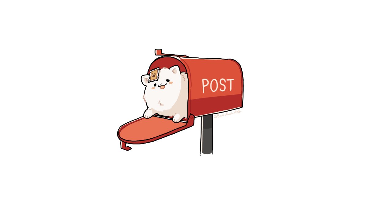 :3 animal animal_focus artist_name black_eyes blush_stickers dog fluffy fuwa_fuwa_dog in_container looking_at_viewer lying mailbox_(incoming_mail) no_humans object_on_head on_stomach open_mouth original postage_stamp simple_background solid_circle_eyes solo twitter_username white_background