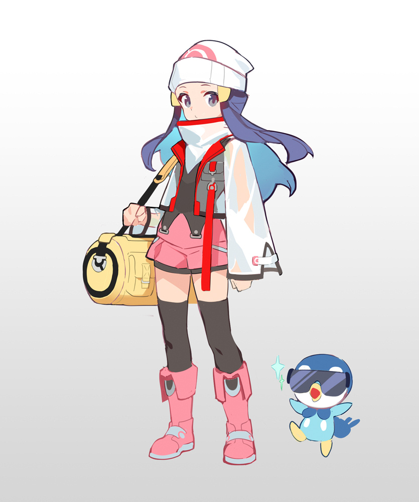 1girl adapted_costume bag beanie black_hair boots closed_mouth commentary_request cropped_jacket dawn_(pokemon) duffel_bag grey_background grey_eyes hair_ornament hairclip hat jacket korean_commentary long_hair long_sleeves open_clothes open_jacket pagye pink_footwear pink_skirt piplup pokemon pokemon_(creature) pokemon_(game) pokemon_dppt shirt simple_background skirt thighhighs white_headwear yellow_bag