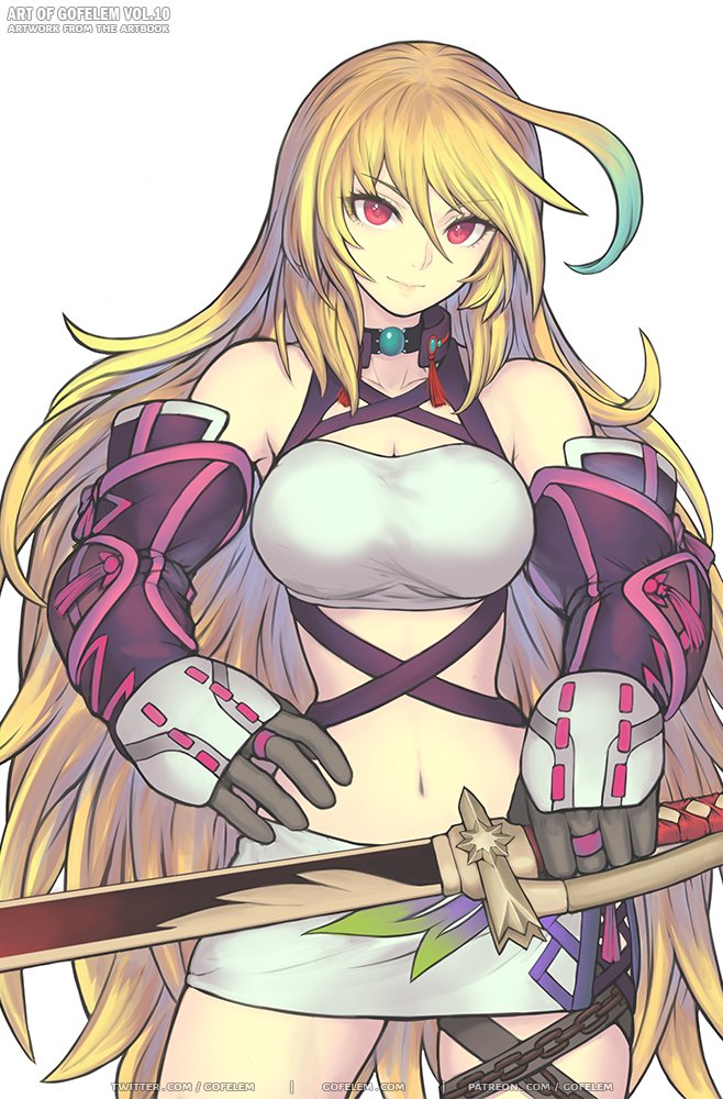 1girl artist_name bangs blonde_hair breasts cleavage detached_sleeves eyebrows_visible_through_hair gloves gofelem gradient_hair green_hair grey_gloves grey_skirt holding holding_sword holding_weapon long_hair medium_breasts midriff milla_maxwell miniskirt multicolored_hair navel open_hand red_eyes skirt solo sword tales_of_(series) tales_of_xillia very_long_hair watermark weapon web_address white_background