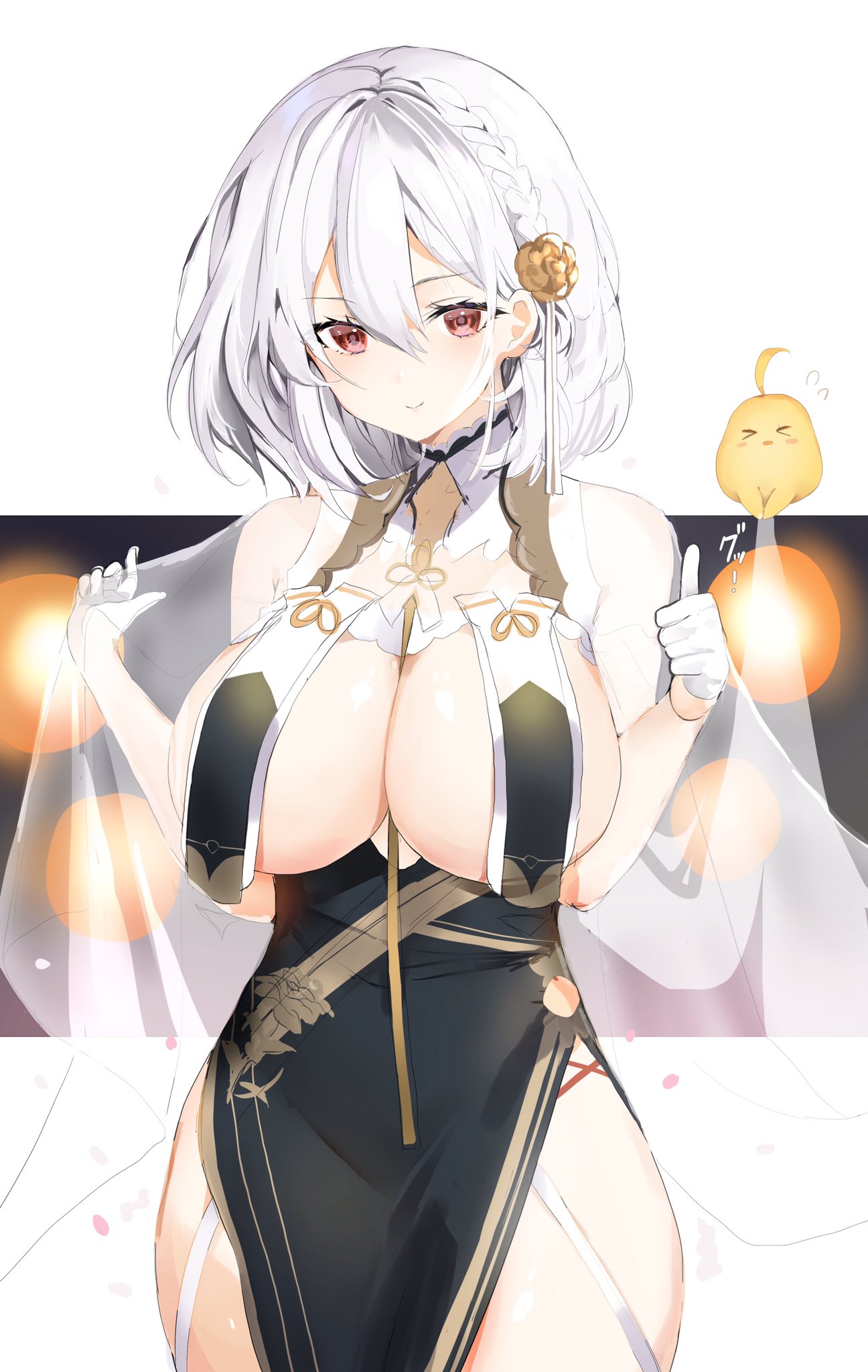1girl azur_lane bangs blush braid breasts china_dress chinese_clothes cleavage closed_mouth commentary_request cropped_background dress eyebrows_visible_through_hair french_braid gloves highres hoerutarou large_breasts looking_at_viewer manjuu_(azur_lane) medium_hair red_eyes silver_hair simple_background sirius_(azur_lane) sirius_(azure_horizons)_(azur_lane) smile solo standing white_background white_gloves