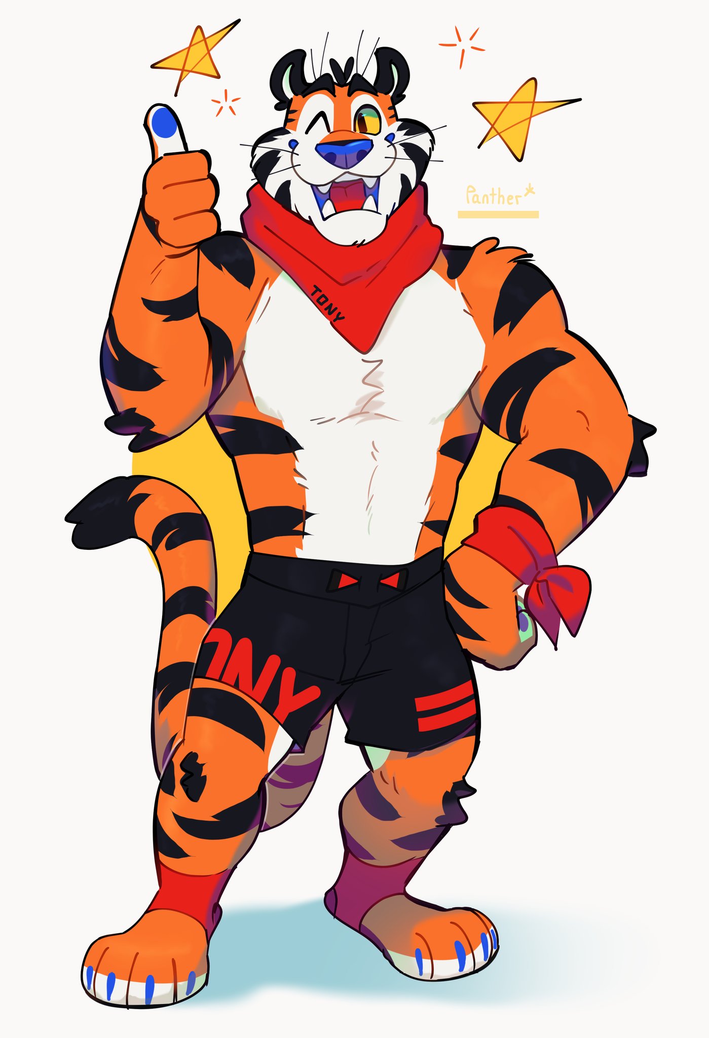 2021 anthro biceps blue_nose bottomwear clothing digital_media_(artwork) felid frosted_flakes fur hi_res kellogg's male mammal mascot muscular one_eye_closed pantherasterisk pantherine scarf simple_background solo stripes tiger tony_the_tiger wink wristband