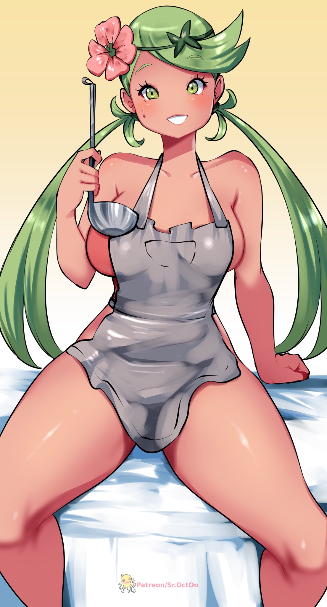 1girl apron bare_shoulders bed_sheet blush collarbone dark_skin dark_skinned_female eyebrows_visible_through_hair flower green_eyes green_hair grey_apron hair_flower hair_ornament highres holding holding_ladle kenron_toqueen ladle long_hair looking_at_viewer mallow_(pokemon) naked_apron patreon_username pink_flower pokemon sitting smile solo sweat twintails