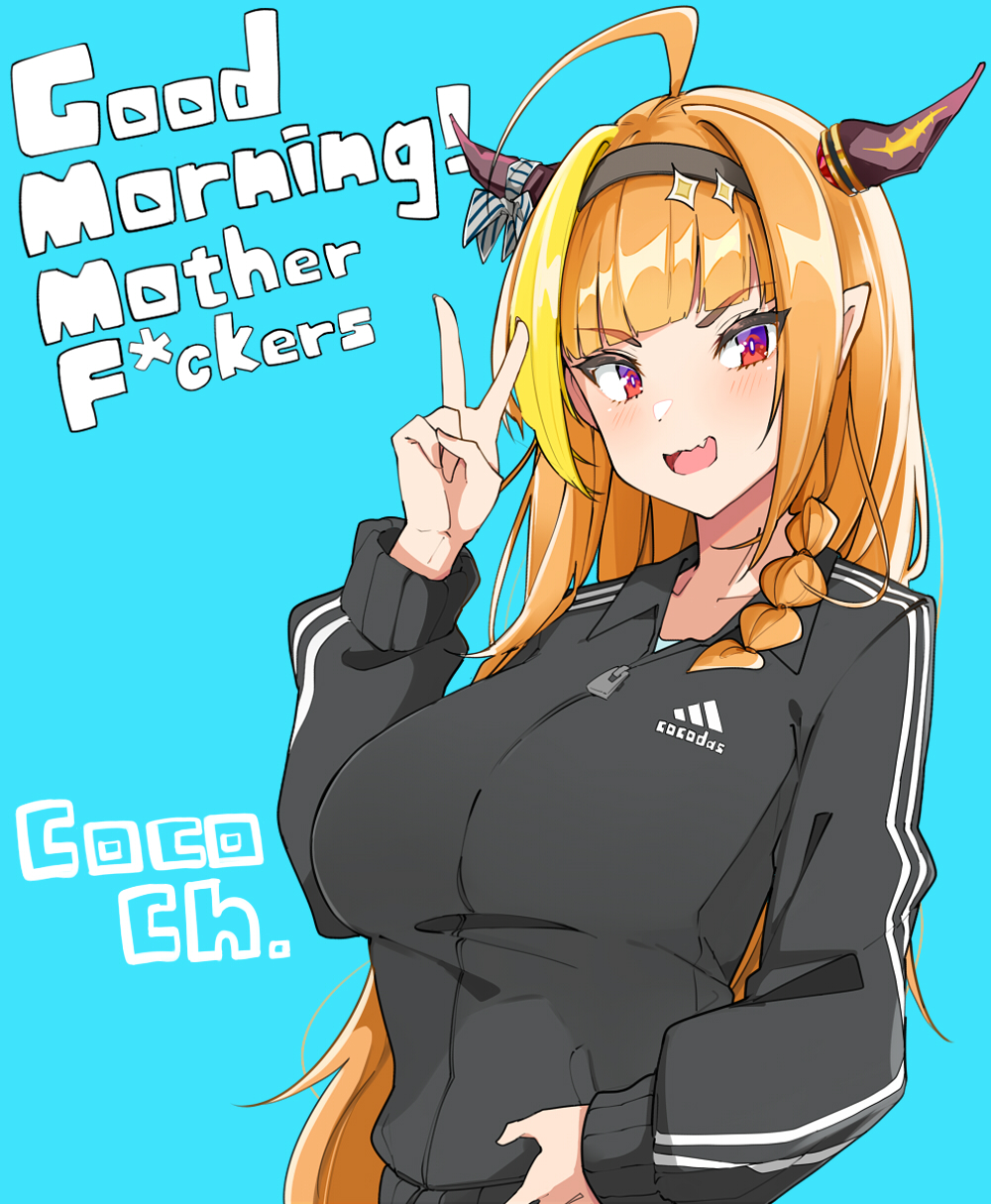 1girl adidas ahoge alternate_costume background_text bangs black_hairband black_jacket blonde_hair blue_background blunt_bangs bow braid brand_name_imitation censored_text character_name collarbone commentary_request diagonal-striped_bow dragon_girl dragon_horns english_text eyebrows_visible_through_hair fang hairband hand_up haseneko highlights highres hololive horn_bow horns jacket kiryu_coco light_blush long_hair long_sleeves looking_at_viewer multicolored multicolored_eyes multicolored_hair open_mouth orange_hair pointy_ears profanity purple_eyes red_eyes side_braid sidelocks simple_background single_braid skin_fang slit_pupils solo streaked_hair striped striped_bow track_jacket upper_body v very_long_hair virtual_youtuber