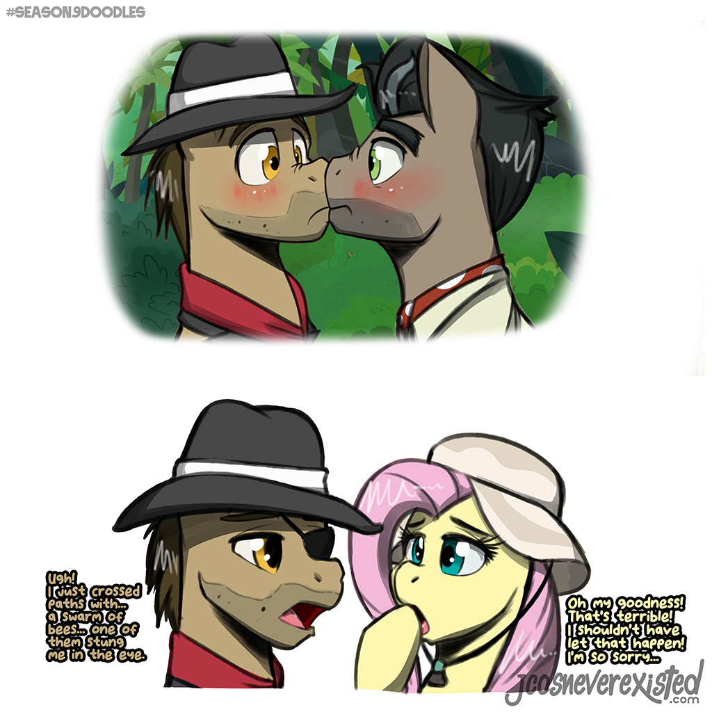 amber_eyes biff_(mlp) blue_eyes blush caballeron_(mlp) clothing duo equid equine eye_patch eyewear face_to_face fedora feral five_o'clock_shadow fluttershy_(mlp) friendship_is_magic green_eyes hasbro hat headgear headwear horse jcosneverexisted male mammal my_little_pony pony touching_face