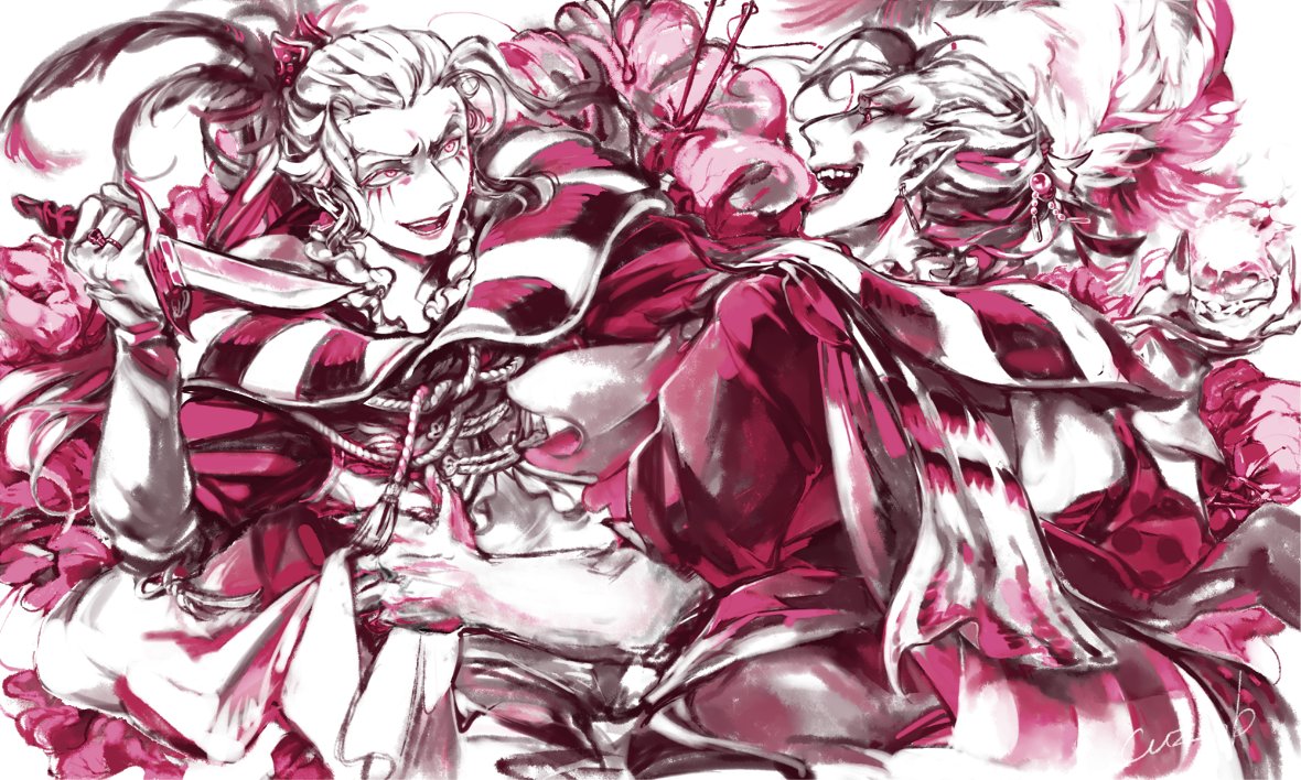 2boys ahoge aves_plumbum9 blood cefca_palazzo deep_wound dual_persona earrings facepaint feathers final_fantasy final_fantasy_vi fingernails forehead frilled_shirt_collar frills holding holding_knife injury jester jewelry knife laughing limited_palette long_hair looking_at_another multiple_boys pointy_ears ponytail puffy_shorts red_eyes red_lips ring sharp_fingernails shorts simple_background tassel teeth tied_hair white_background