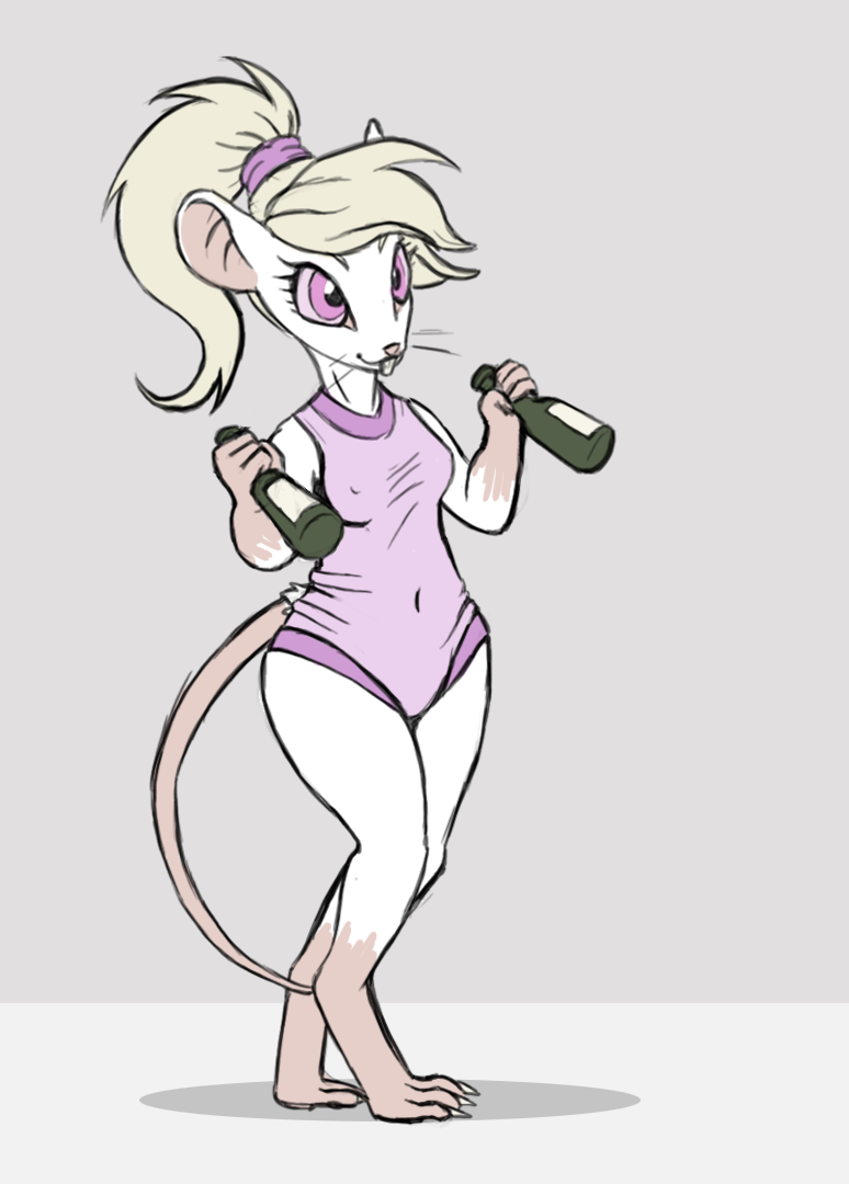 accessory anthro beverage blonde_hair buckteeth clothing digitigrade female hair hair_accessory hair_tie holding_beverage holding_object leotard lonelyworld mammal mouse murid murine pawkaf purple_eyes rodent simple_background smile solo teeth