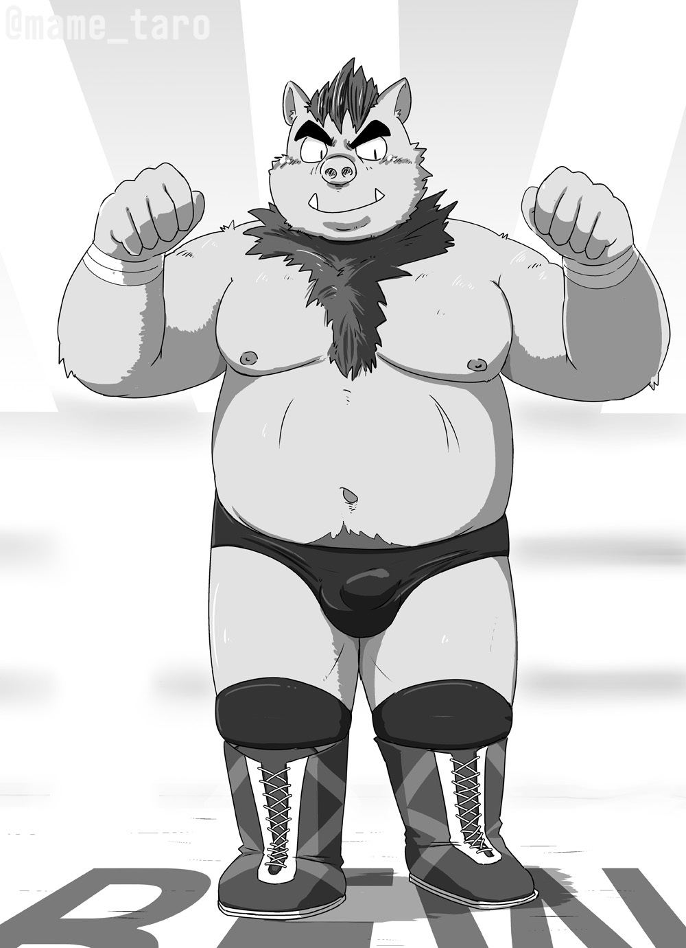 2021 anthro bulge clothing cute_fangs hi_res kemono male mame_taro mammal moobs navel nipples overweight overweight_male solo suid suina sus_(pig) underwear wild_boar