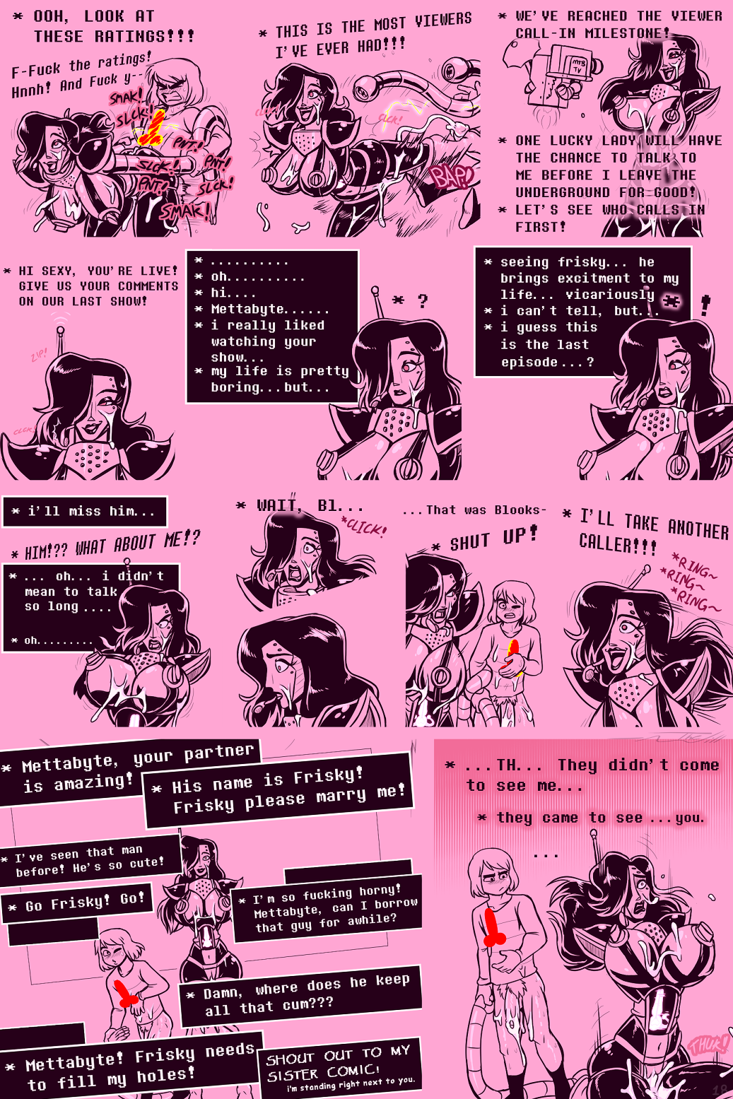 alternate_universe armless bent_over blush bodily_fluids bottomless breasts camera clothed clothing comic crossgender cum cum_on_breasts cum_on_face duo female flaccid genital_fluids genitals hair hi_res human humanoid kneeling long_hair machine male male/female mammal mettaton_ex microphone penis protagonist_(undertale) robot sex smile sweat text thewill umbrella under(her)tail undertale video_games