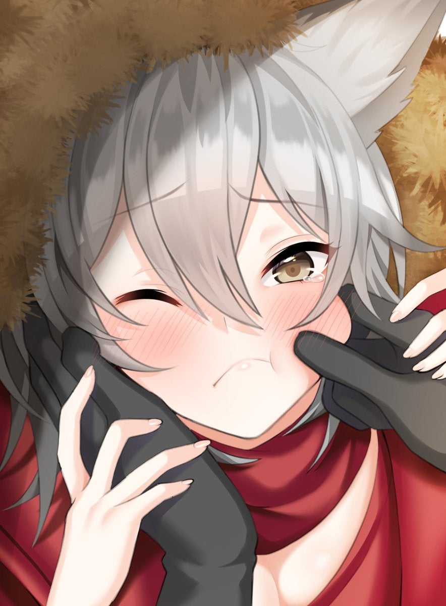 1girl animal_ears arknights awasete0 blush cat_ears cheek_pinching cheek_pull eyebrows_visible_through_hair hands_up highres looking_at_viewer one_eye_closed pinching pov projekt_red_(arknights) short_hair silver_hair tears wince
