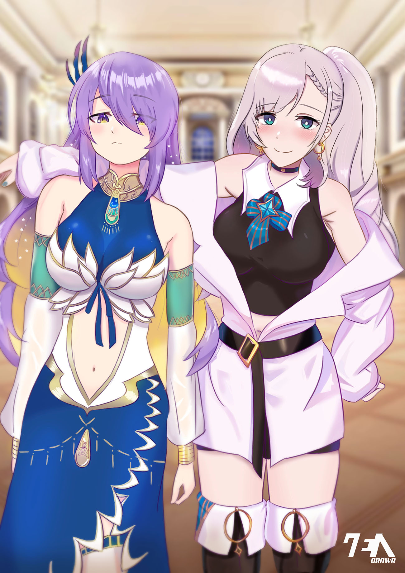 2girls arm_on_shoulder bangs blonde_hair blue_dress blue_eyes blue_nails blush boots braid breasts bright_pupils clenched_hand clothing_cutout colored_inner_hair cosplay costume_switch detached_sleeves dress earrings eyebrows_visible_through_hair feather_hair hair_between_eyes highres hololive hololive_indonesia jacket jewelry large_breasts long_hair looking_at_viewer looking_down moona_hoshinova moona_hoshinova_(cosplay) multicolored_hair multiple_girls navel off_shoulder ornament pavolia_reine pavolia_reine_(cosplay) purple_hair purple_jacket side_ponytail silver_hair smile stomach_cutout thigh_boots thighhighs virtual_youtuber white_pupils zendrawr