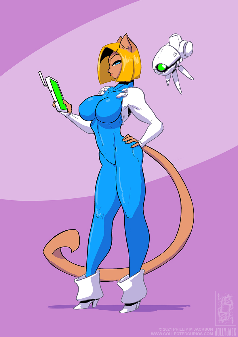 2021 anthro blonde_hair blue_eyes boots breasts clothed clothing conditional_dnp domestic_cat felid feline felis female footwear fully_clothed fur hair jollyjack jumpsuit machine mammal purple_background simple_background tablet tan_body tan_fur text url